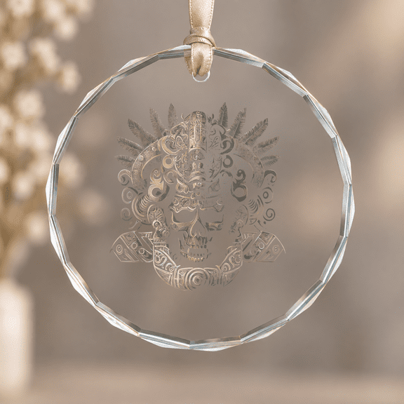 Mexican Mayan Inca Aztec King Skull Ornament, Hanging Decor, Circle Glass Ornament