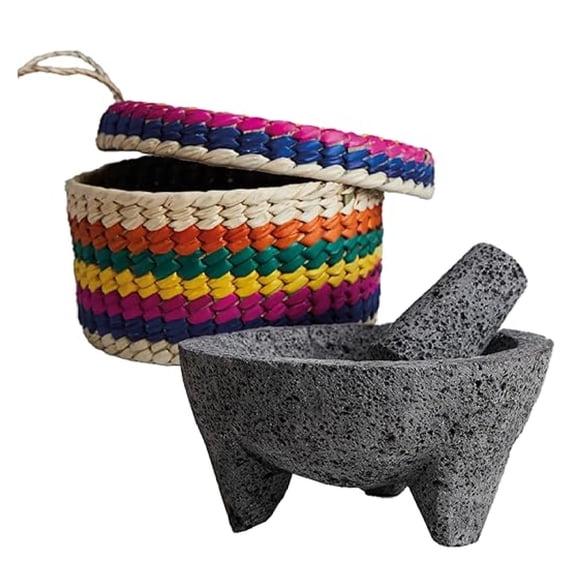 Mexican Molcajete Bowl with Tortilla Basket by , Basalt Volcanic Stone Mortar and Pestle, Rough Surfaced Mexican Kitchenware for Mixing and Grinding, Oven Safe, 7 Grinding Bowl