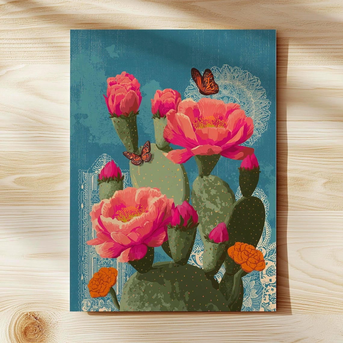 Mexican Nopal Cactus Wall Art Print, Flowering Prickly Pear And Monarch ...