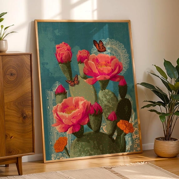 Pear Application Mexican Nopal Cactus Wall Art Print, Flowering Prickly Pear And Monarch ...