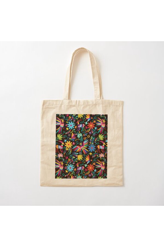 Mexican Otomi Black Floral Seamless Pattern Canvas Tote Bags, Reusable Shopping Bag