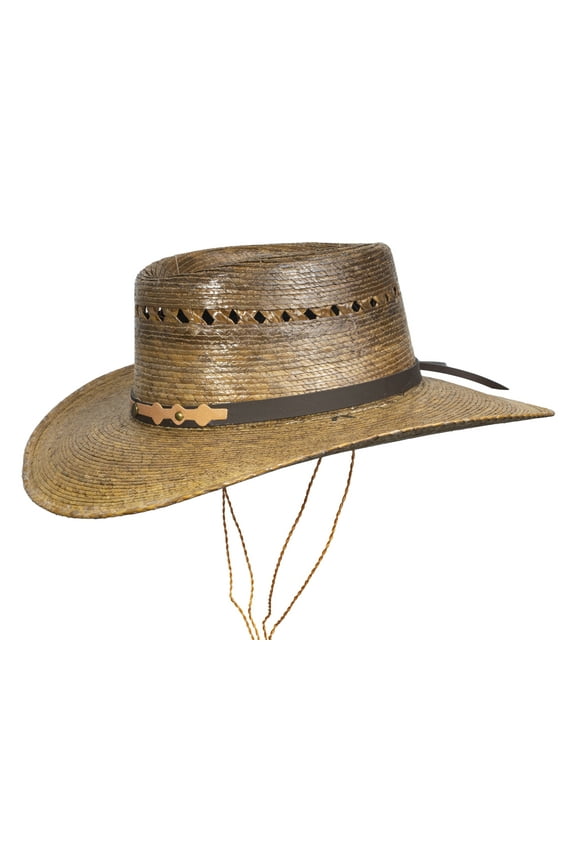 Mexican Palm Leaf Cowboy Hat Dark Natural Straw Wide Brim with Chin Strap