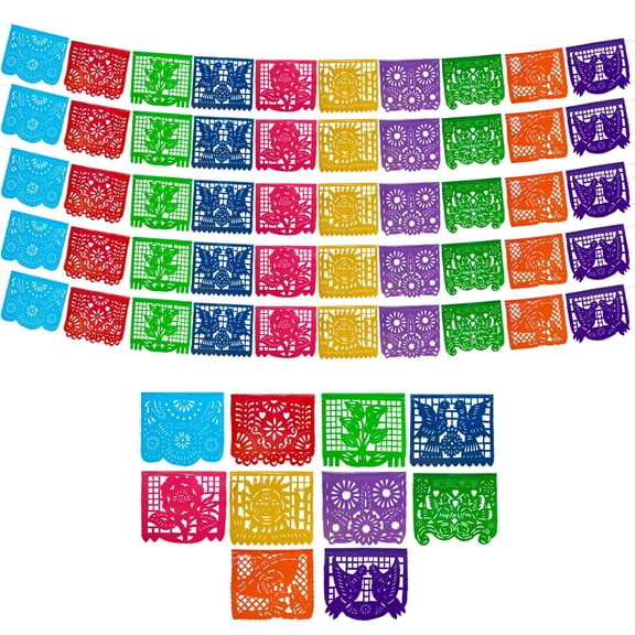 Mexican Party Banners (5 Pack with 10 Plastic Flags per Banner) - Papel Picado Mexicano para Fiesta - Plastic Papel Picado - Fiesta Themed Party Decorations - Mexican Decor Y101