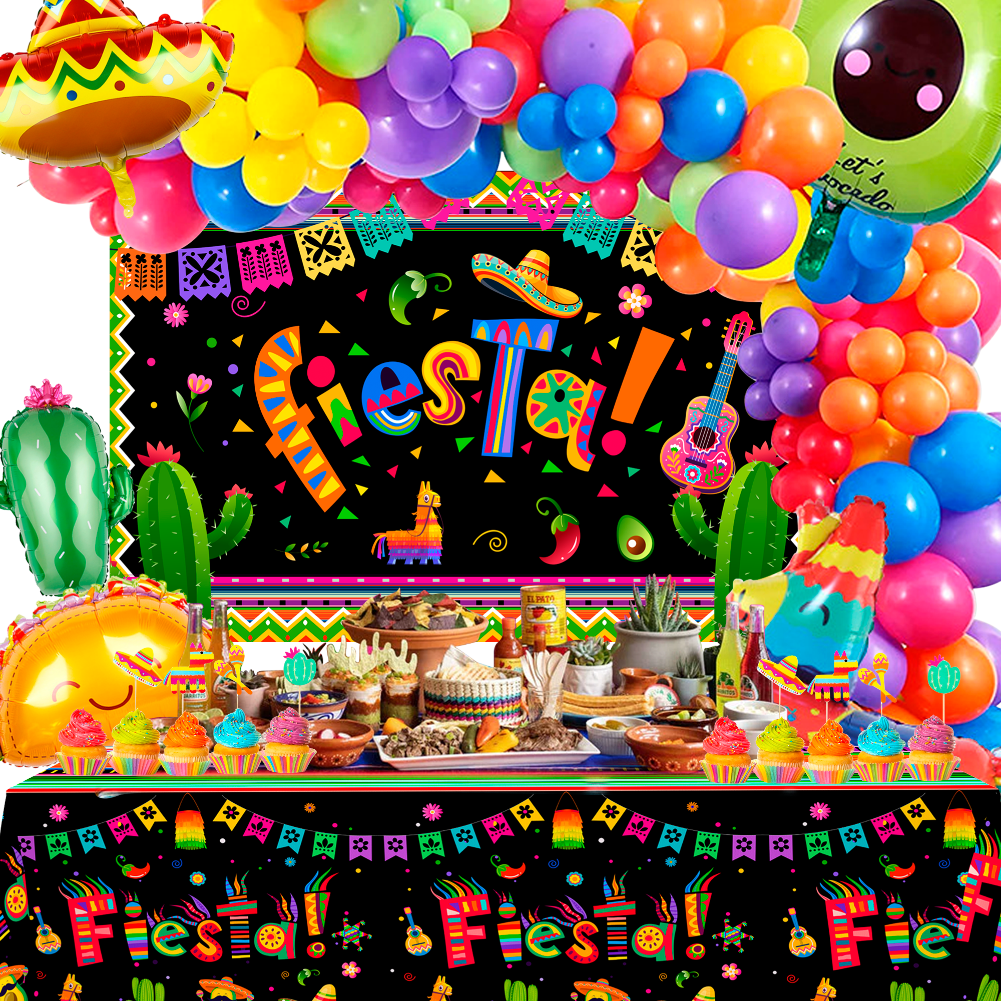 Mexican Party Decorations,35pcs Fiesta Party Decorations Set - Mexican Themed Balloons,Taco Balloon,Cactus Llama Foil Balloons & Mayo Happy Birthday Backdrop etc Mexican Party Supplies Decorations
