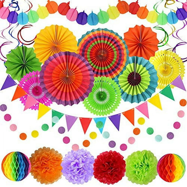 zilue Mexican Party Decorations, Fiesta Party Supplies Hanging Paper Fans Pom Poms Flowers Swirls Garlands String Polka Dot and Triangle Bunting