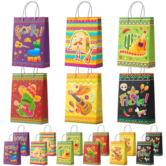 Mexican Party Favors Bag with Handles, 24pcs Mexican Fiesta Gift Bags/Fiesta Paper Bags/Cinco De Mayo Bags for Cinco De Mayo Party Decorations, Mexican Candy Bags for Mexican Theme Party Decorations