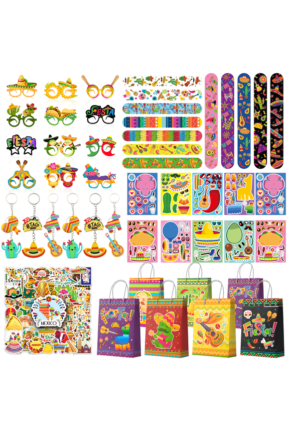 110pcs Mexican Fiesta Party Favors, Taco Party Favors Set, Cinco De Mayo Bags Mexican Character Face Sticker Mexican Keychain Slap Bracelets etc Mexican Party Favors for Mexican Fiesta Decorations