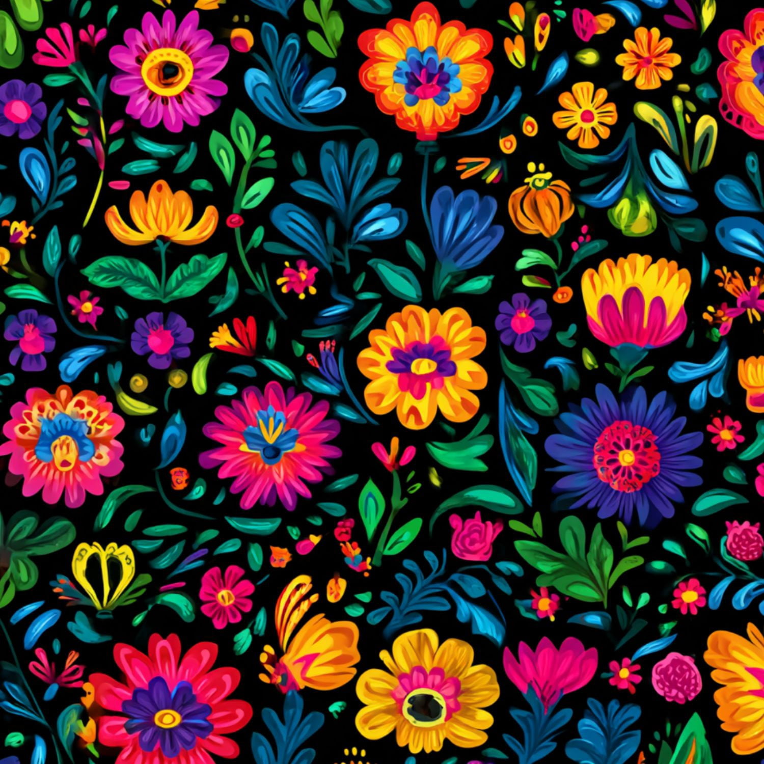 Mexican Peel and Stick Wallpaper Colorful Floral Vibrant Flowers Leaves Black Wall Mural 23.6in x 9.8ft Self Adhesive Removable Wall Paper Renter Friendly Wallpaper for Nursery Bedroom Cabinets