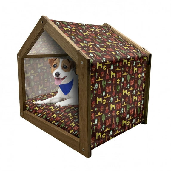 Mexican Pet House, Pattern with Traditional Cultural Elements Music Accessories Tequila and Saguro, Outdoor & Indoor Portable Dog Kennel with Pillow and Cover, 5 Sizes, Multicolor, by Ambesonne