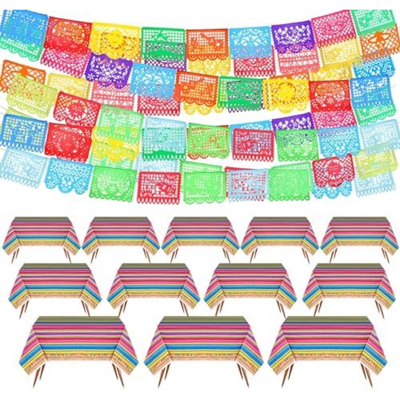 Mexican Plastic Tablecloth and Mexican Papel Picado Banner Fiesta Party Decorations Supplies table cover for Rectangle Tables Cinco De Mayo Carnival(Fresh, 24 Pcs)