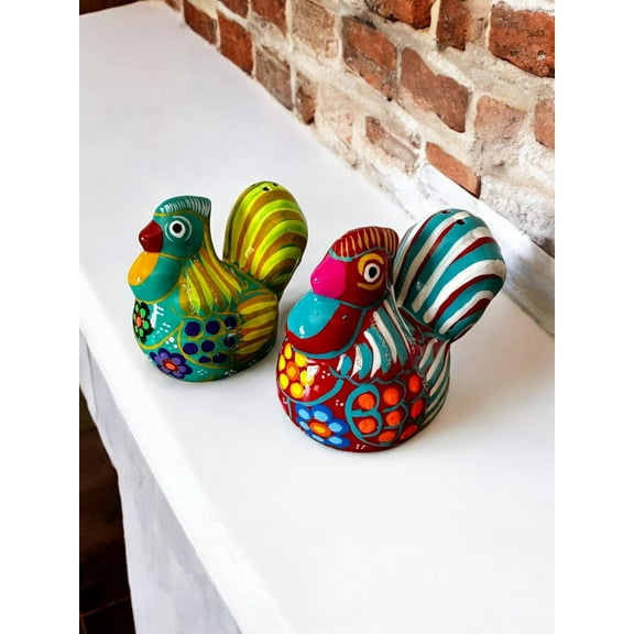 Mexican Pottery Rooster Salt and Pepper Shakers Set - Hand-Painted, 3 Tall, 3.5 Long, Festive Kitchen Decor, Small