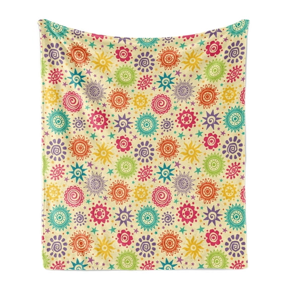 Mexican Print Soft Flannel Fleece Blanket, Doodle Style Sun Illustrations with Stars Swirls and Polka Dots, Cozy Plush for Indoor and Outdoor Use, 50" x 60", Pale Yellow Multicolor, by Ambesonne