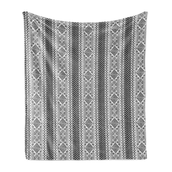 Mexican Print Soft Flannel Fleece Throw Blanket, Monochrome Vertical Layout of Prehistoric Art Motifs Illustration, Cozy Plush for Indoor and Outdoor Use, 60" x 80", Charcoal Grey White, by Ambesonne