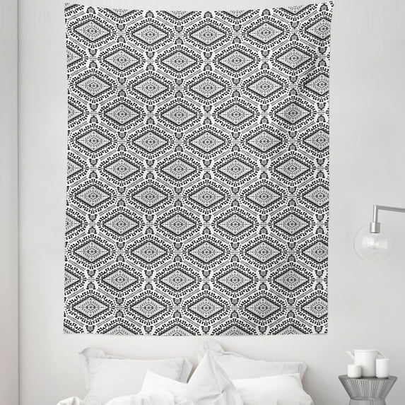 Mexican Print Tapestry, Vintage Style Aztec Inspired Monochrome Triangles Rhythmic Motif, Fabric Wall Hanging Decor for Bedroom Living Room Dorm, 5 Sizes, Charcoal Grey and White, by Ambesonne