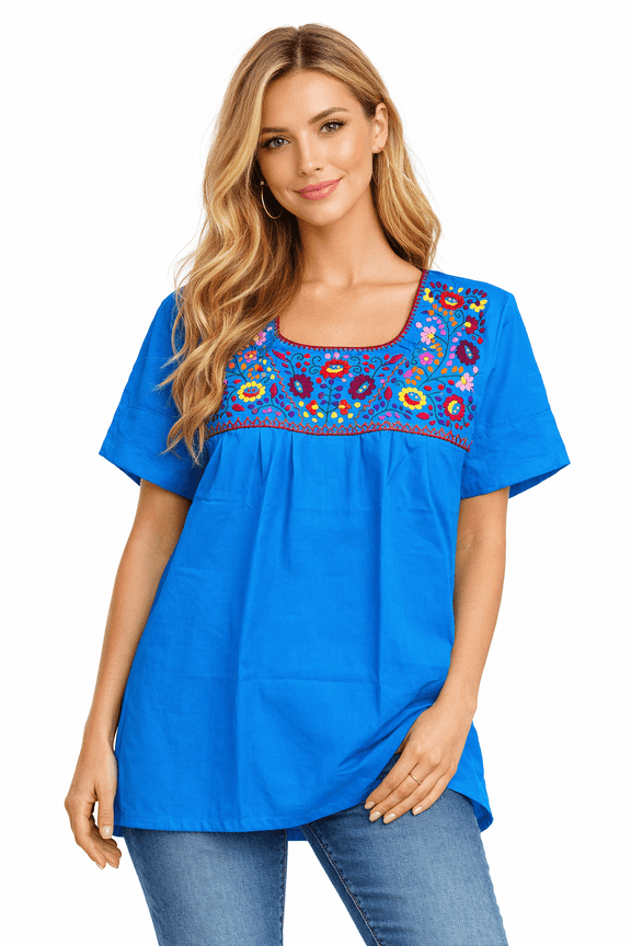 Mexican Puebla Blouse (Small, Aqua)