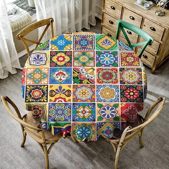 Mexican Round Tablecloth, Folk Style Talavera Tiles Colorful Flowers Leaves Swirls Pattern Table Cloth Cover for Home Dining Kitchen Wedding Parties, Round(60x60in)
