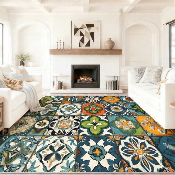 Mexican Rug Rugs Mexican Geometric Ceramic Tile Area Rug, Vintage Carpet Home Room Decor Rugs for Living Room Bedroom Kitchen Dorm Classroom Indoor Mat, Non-Slip Low-Pile-3' x 5'