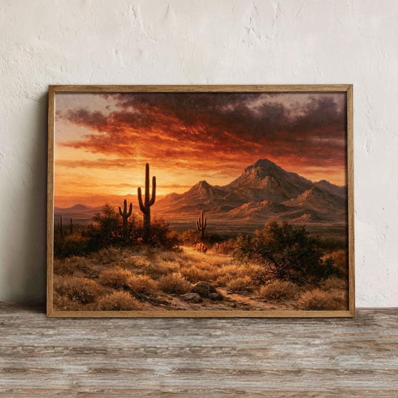 Mexican Saguaro Cactus Wall Art Print, Fiery Desert Sunset Decor