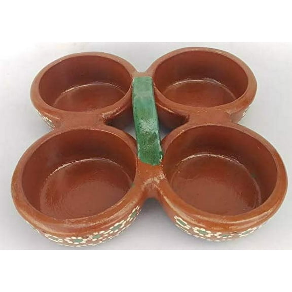 Mexican Salsera Salsero de Barro 4-Section Bowls Salsa Chips Guacamole Nuts Condiment Server Traditional Clay Party Dish Made in Mexico Hand Painted Flowers