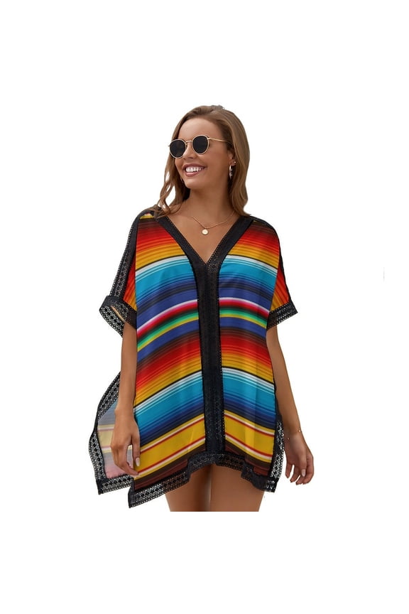 Mexican Serape Beach Cover Ups for Women Bathing Suit Cover Up Lace Bikini Swimsuit Coverup Beach Dress Shirt One Size