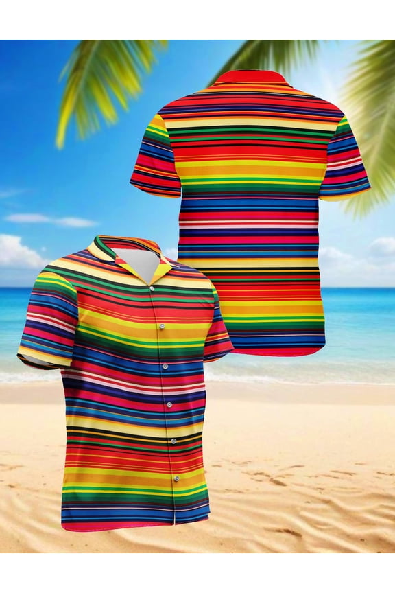 Mexican Serape Blanket Pattern Hawaiian Shirt for Men, Button Down Summer Beach Short Sleeve, Retro Vintage, Sizes S-5XL