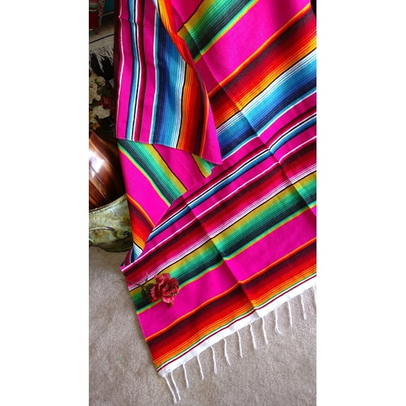 Mexican Serape Blanket Pink,Fuchsia with Rainbow Striped EXTRA LARGE