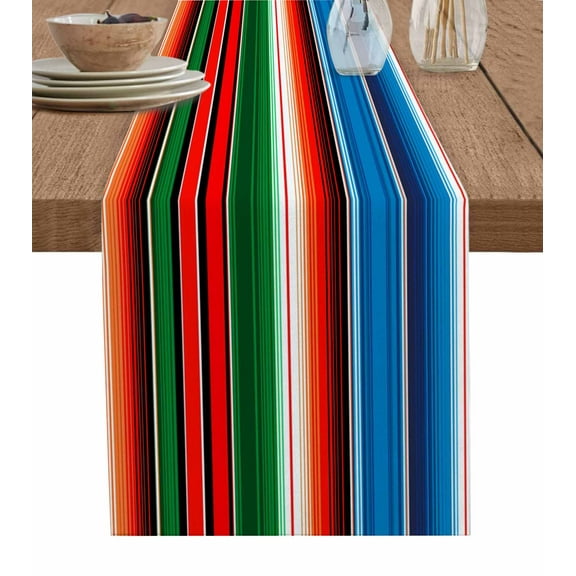Mexican Serape Burlap Cotton Table Runner 14x72 Inches Long, Colorful Stripes Vertical Lines Abstract Farmhouse Table Runners, Outdoor Dining Tablecloths Decor for Baby Shower/Party/Wedding