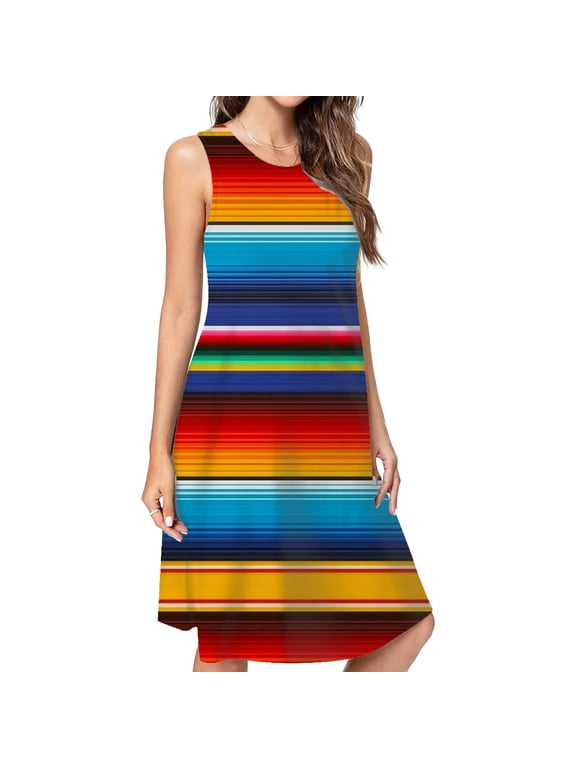 Mexican Serape Casual Sleeveless Loose Sundress Dress For Women Summer Dress Daily Woman