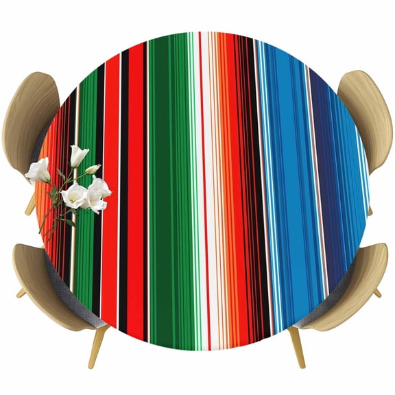 Mexican Serape Round Tablecloth, Fitted Table Cover with Elastic for 36"-44" Round Tables, Colorful Stripes Vertical Lines Abstract Table Cloth Outdoor Indoor Dinning Party Waterproof Tablecloths