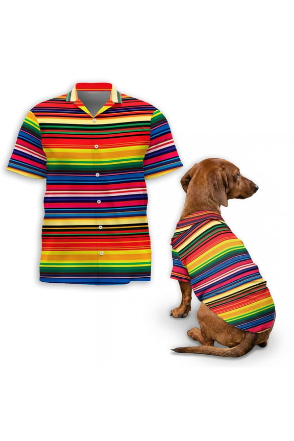 Mexican Serape Stripe Hawaiian Shirt, Colorful Blanket Pattern Button Down Shirt for Adults or Dogs, Cuban Collar, Short Sleeve Polyester Summer Shirt