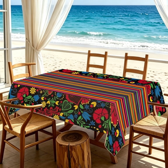 Mexican Serape Stripe Red Floral Print Rectangular Tablecloth, Bold Striped Flower Cover for Kitchen Patio Dining, Cinco De Mayo Mexican Fiesta Family Parties, Holiday Gift
