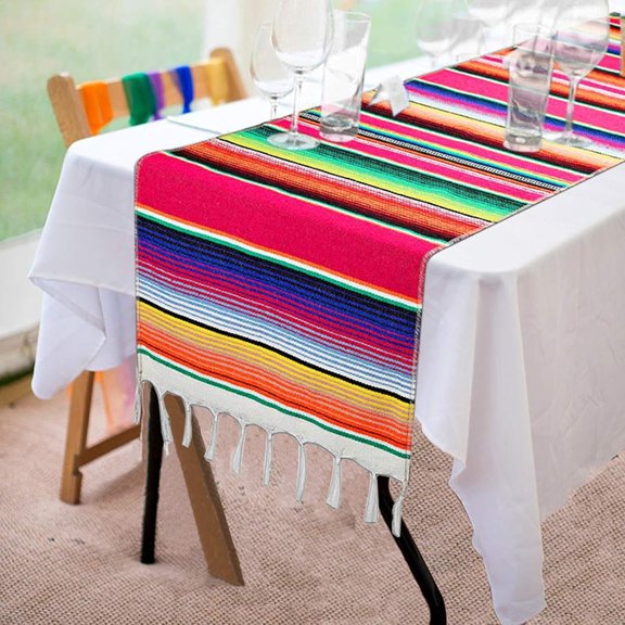 Mexican Serape Style Table Runner, 14 x 84 Inch Cotton Table Decor with Fringe for Fiesta Party, Wedding, Picnic, Dining Table and Holiday Decor