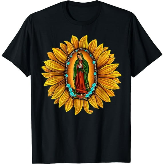 Mexican Serape Sunflower Our Lady of Guadalupe Mexico T-Shirt Black X-Large