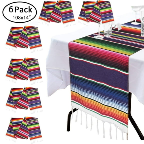 Mexican Serape Table Runner 108" X 14" - 6Pack Fringe Cotton Table Runner For Mexican Party Wedding Decorations