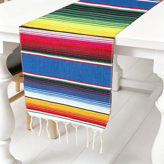 Mexican Serape Table Runner, 14 x 84 Inch Colorful Striped Table Runner with Fringe, Cinco De Mayo Fiesta Party Decorations, Cotton Woven Table Runner for Mexican Theme Party, Dining Table, Home Decor
