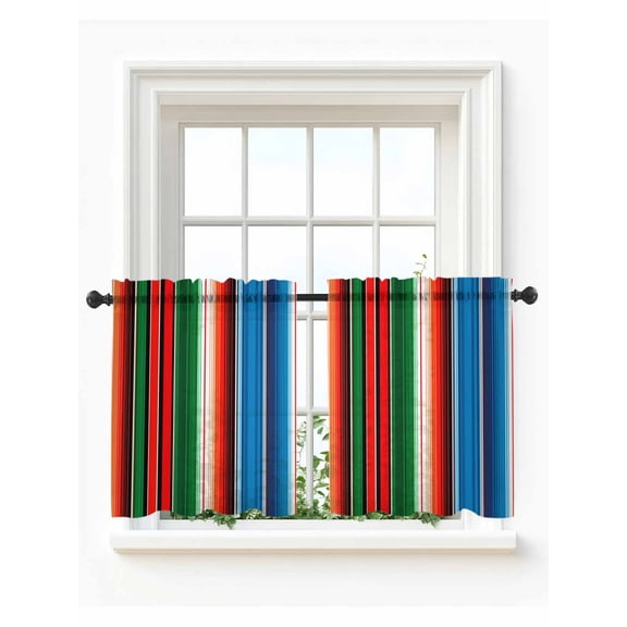 Mexican Serape Tier Curtains 36 Inch Length,Sheer Curtains for Bedroom Living Room Window Colorful Stripes Vertical Lines Abstract Voile Drapes Kitchen Curtains Small Half Window 27.5"x36" 2 Panels