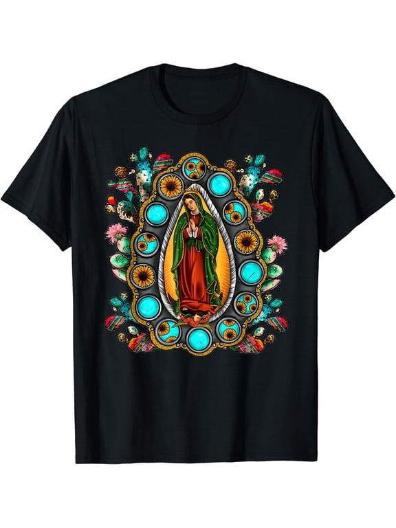 Mexican Serape Turquoise Our Lady of Guadalupe Mexico T-Shirt Black 3X-Large