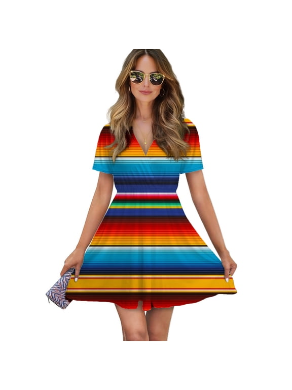 Mexican Serape Women Dress V-Neck Short Sleeve Flowy Swing Party Midi Dress