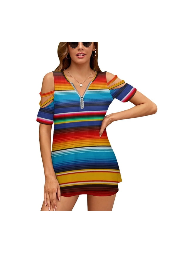Mexican Serape Womens Summer V Neck Zipper Top Short Sleeve T Shirt Off Shoulder Top Casual Classy Loose Shirts