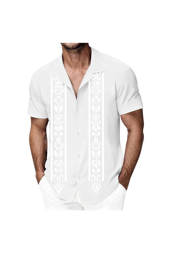 Mexican Shirts for Men Traditional Guayabera Dress Shirts Button Up Band Collar Dress Shirt Floral Embroidery Button Up