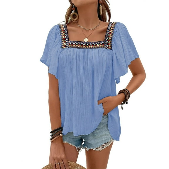 Mexican Shirts for Women Boho Embroidered Short Butterfly Sleeve Square Neck Loose Blouses Tees Blue L