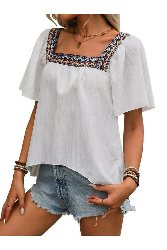 Mexican Shirts for Women Boho Embroidered Short Butterfly Sleeve Square Neck Loose Blouses Tees White M