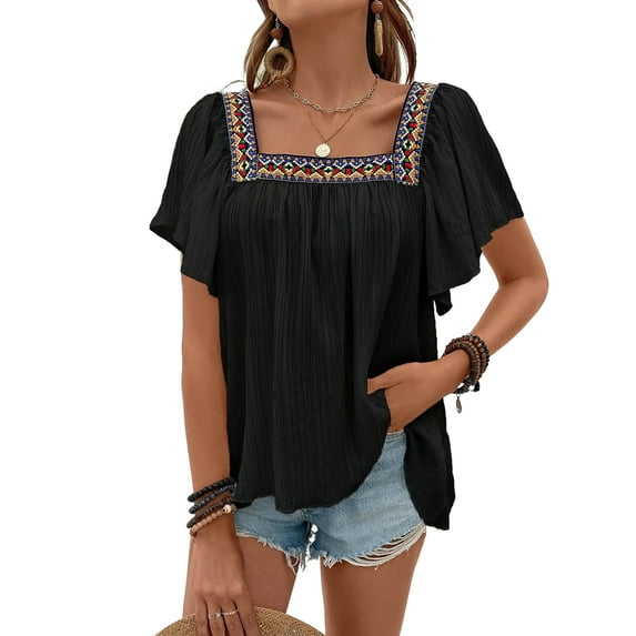 Mexican Shirts for Women Boho Embroidered Short Butterfly Sleeve Square Neck Loose Blouses Tees