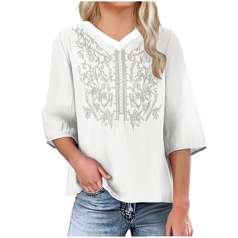 Mexican Shirts for Women Embroidered Cotton Linen Tops Traditional