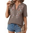 thumbnail image 1 of Mexican Shirts for Women Embroidered Traditional Summer Blouse Floral Tunic V Neck Short Sleeve T Shirt Dark Brown M, 1 of 6