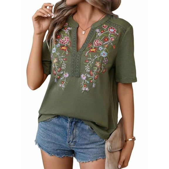 Mexican Shirts for Women Embroidered Traditional Summer Blouse Floral Tunic V Neck Short Sleeve T Shirt  Green L