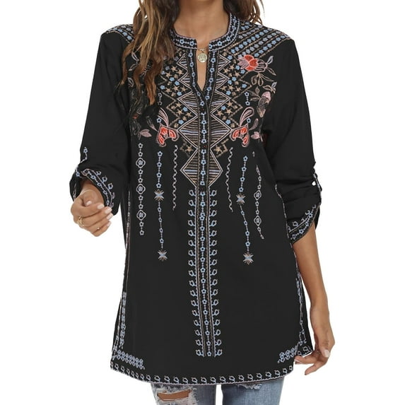 Mexican Shirts for Women Summer Casual Embroidered Tops Ladies Button Down Tops Peasant Tunic Loose Blouse