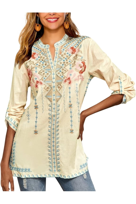 Mexican Shirts for Women Summer Casual Embroidered Tops Ladies Button Down Tops Peasant Tunic Loose Blouse