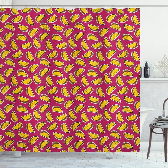 Mexican Shower Curtain, Ethnic Latin Dish Local Yummiest from South America Cook Restaurant Theme, Fabric Bathroom Set with Hooks, 69W X 84L Inches Extra Long, Dark Magenta Mustard, by Ambesonne
