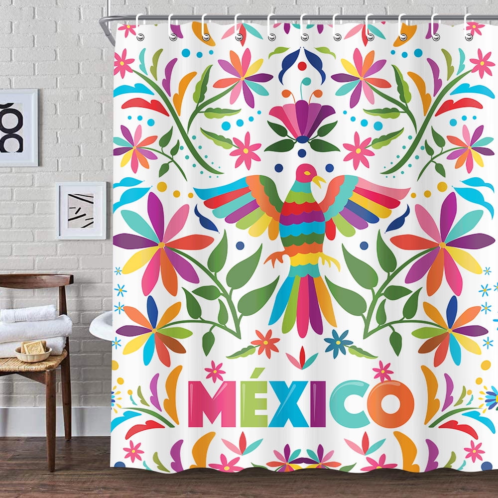 Tenda Da Doccia Messicana Floreale Otomi 175x178cm - Stile Etnico Boho Con Ganci Inclusi - 3
